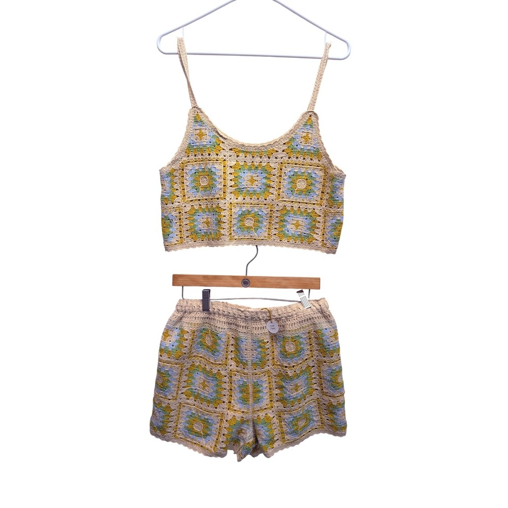 NWT New In Crochet Two Piece Set Granny‎ Square M/L Cream Yellow Women